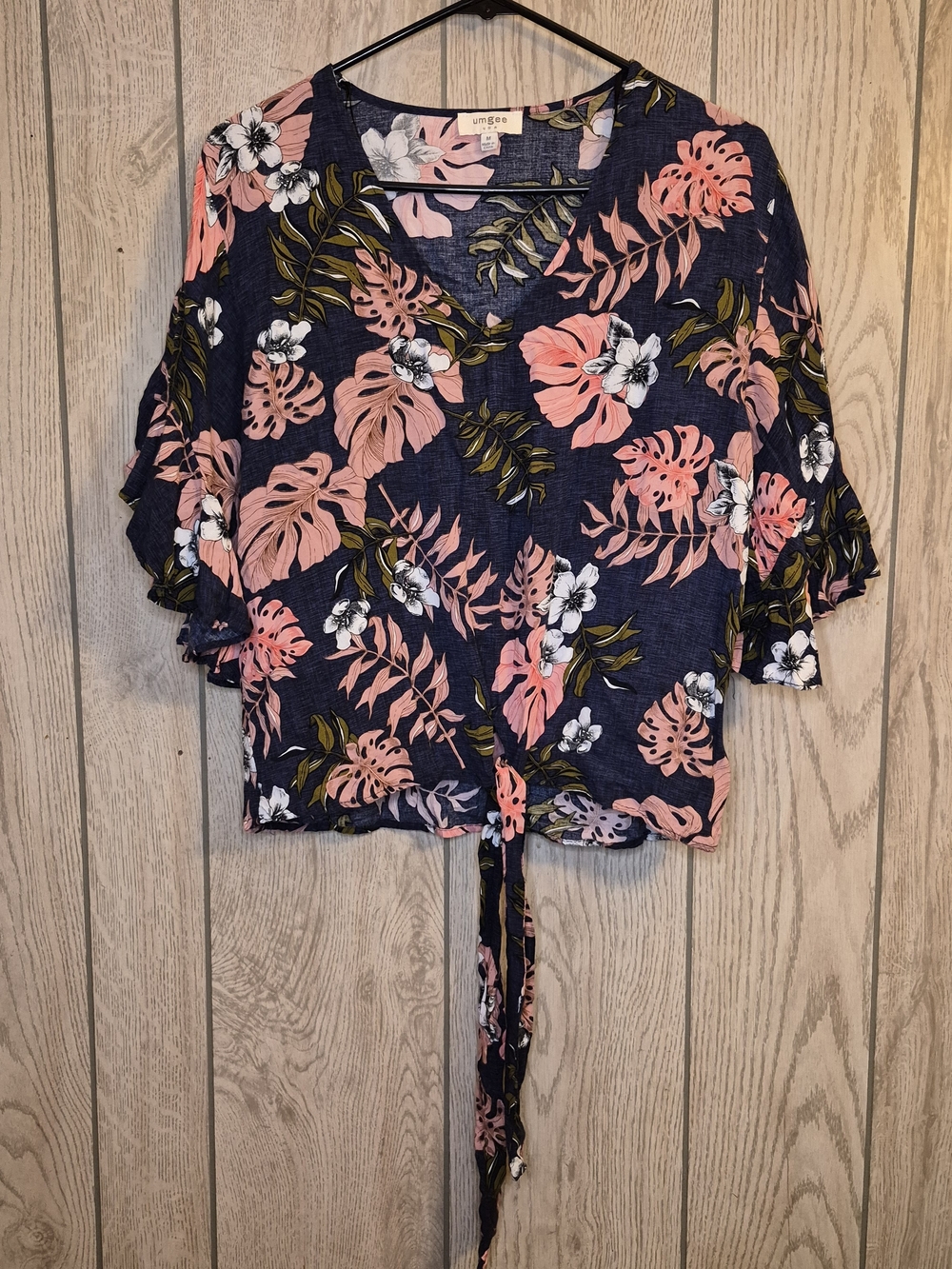 Umgee Navy Floral Tie-Front V-Neck Blouse - Pink & White Floral
